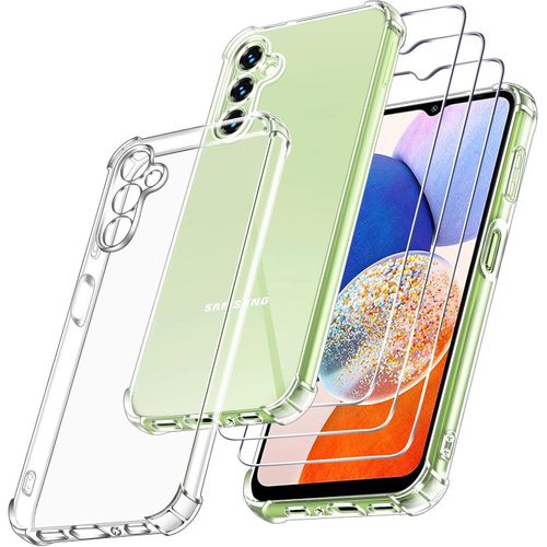 4 in 1 Case for Samsung Galaxy A14 4G/A14 5G with 3 Pieces Tempered Glass Screen Protector, Transparent Shockproof Silicone Case, Clear Thin Soft TPU Bumper Cover