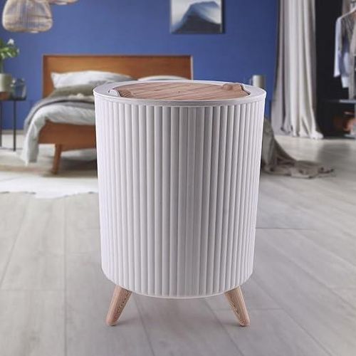 Modern Multi-Purpose Wastebasket with Wooden Legs, Plastic Body, for Kitchen, Bathroom, Office, Bedroom, Hotel (White)