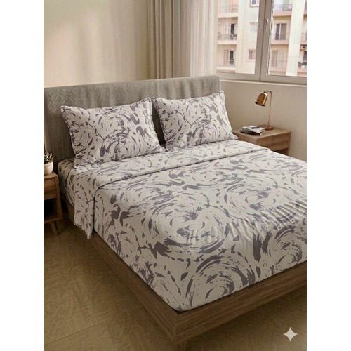 Yarlin-Cotton 100% Bed Set (Fitted Bedsheet for 200 cm beds and 2 Small Pillowcases (Gray Circles) Design