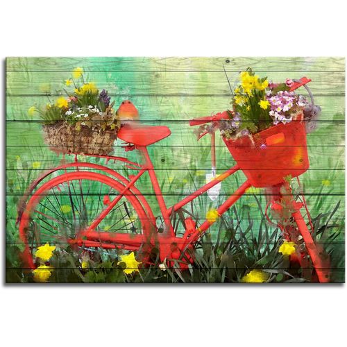 Free Dreamer Red Bike In Grass With Wood Grain Wall Art Picture Canvas Posters Print Modern Bicycle Artwork Framed For Living Room Bedroom Wall Painting Home Decor, 16X24 Inches