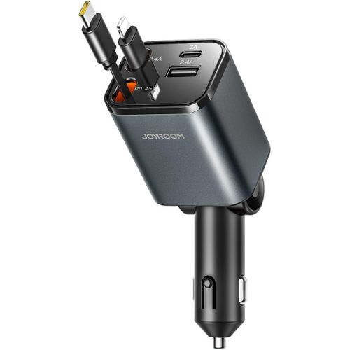 JR-CCL05 4-in-1 Retractable Fast Car Charger Adapter – Multi-Port Car Cigarette Lighter Charger with Dual Built-in Cables (Dark Grey)