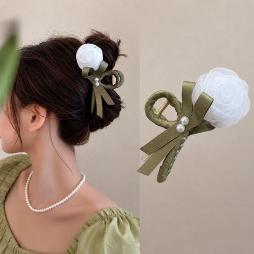 Acrylic hair clip featuring an elegant organza rose design and an attractive satin bow perfect for girls and women. A practical, exclusive hair accessory classic colors, Coquette style.