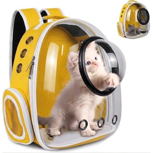 Space Capsule Pet Carrier Backpack - Clear Bubble Window with 9 Ventilation Holes and Fleece Mat - Yellow