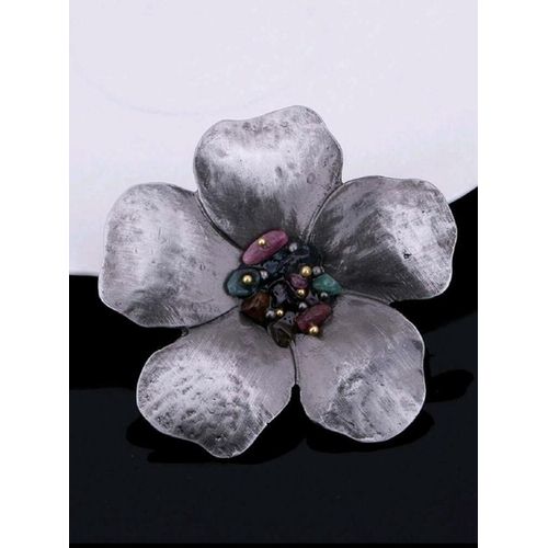 vintage Alloy flower petals natural stones silver brooch and clothes pin