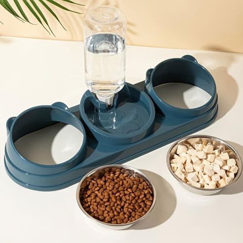 3-in-1 Automatic Pet Feeder and Water Dispenser, Double Stainless Steel Bowls with 500 ml Water Bottle for Cats and Small Dogs