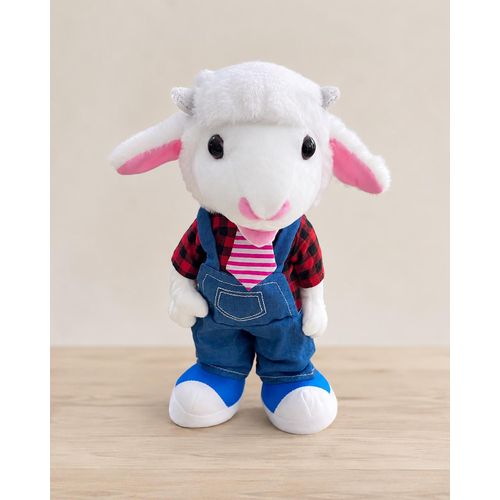 Stuffed Sheep Doll with Denim Overalls and Checkered Shirt – Standing Plush Toy for Kids