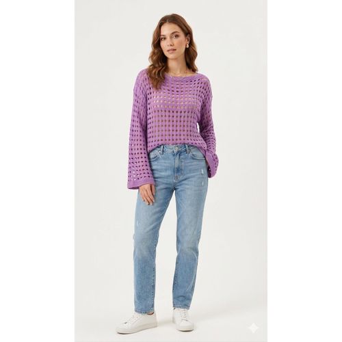 Casual Pointelle Knit Sweater - Purple