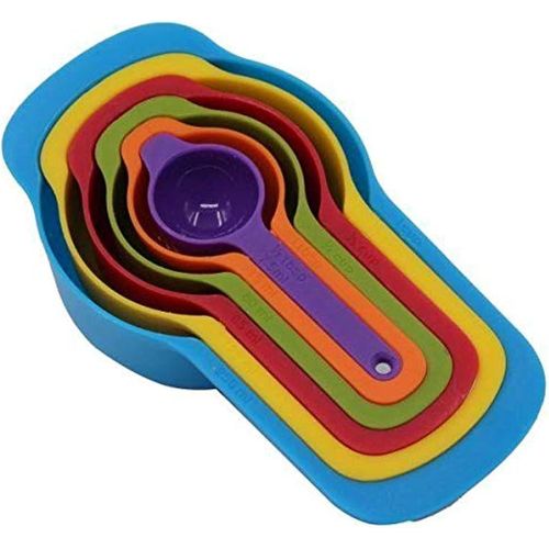 6 Pcs of Plastic Measuring Cups and Spoons Set Stackable Space Saving Multi color Design