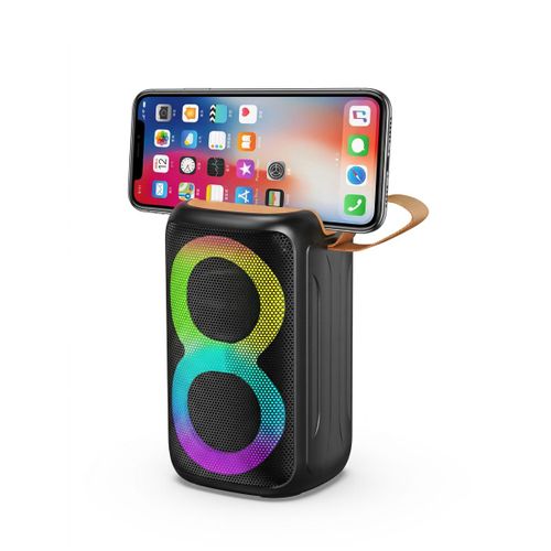 Portable wireless Bluetooth speaker with phone holder, 8W sound power, RGB lighting, and a long-lasting 1200mAh battery. Ideal for parties, travel, and home use - Model JL23 - BLACK
