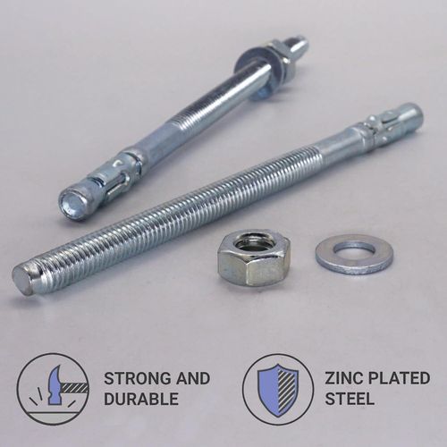 Zinc Plated Metal Anchor Screws for Concrete and Masonry, M10 x 160mm, with Nut and Ring, Pack of 2