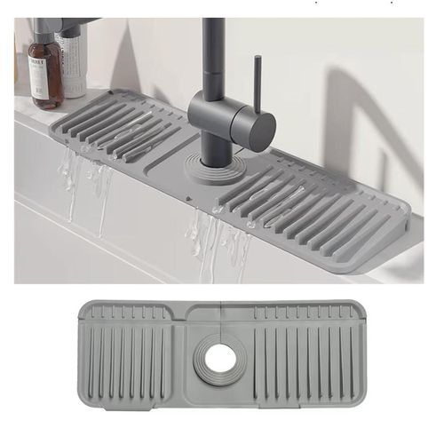 Silicone kitchen sink faucet mat, 6° angled design sink splash guard, faucet drain mat with button lock, drip collection tray