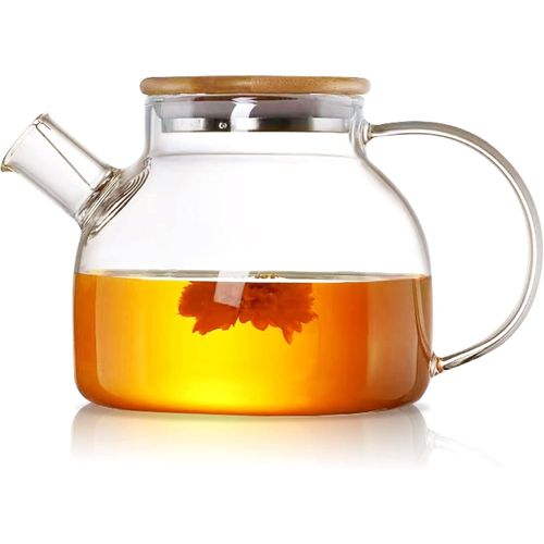 Glass Water Jug, 1 Litre, Heat Resistant Water Jug with Wooden lid, Large Handle, Transparent, 1000 ml