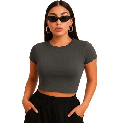 تي شيرت نسائي مصنوع من القطن المضلع - رمادي داكن