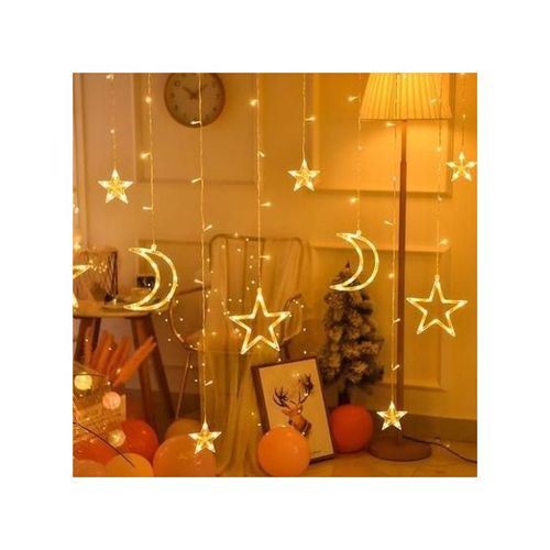 Ramadan And Party Decoration Curtain, Crescent Moon And Stars With Warm Yellow Light