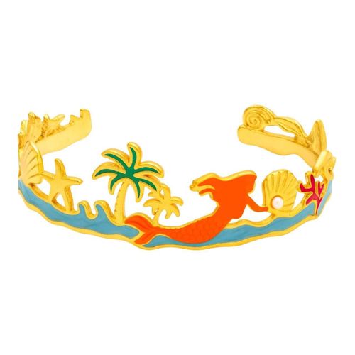 Mermaid Gold Cuff Bracelet for Women – Colorful Ocean Inspired Bangle with Palm Trees, Seashell, Starfish &amp Enamel Details – Adjustable Fantasy Jewelry Gift