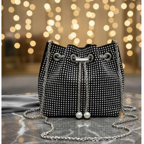Women’s Evening Bucket Bag with Rhinestones and Metal Chain