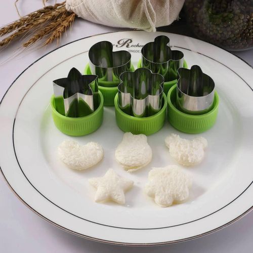 Jenny 12-Piece Vegetable Cutting Set, Mini Stainless Steel Fruit Cutter for Kids, Cookie and Biscuit Mold Stamps with Protective Green Handles, Kitchen Baking Tools for Fun Food Decoration