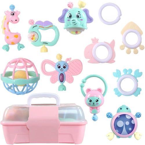 11-Piece Baby Rattle and Teether Set with Storage Box Assorted color