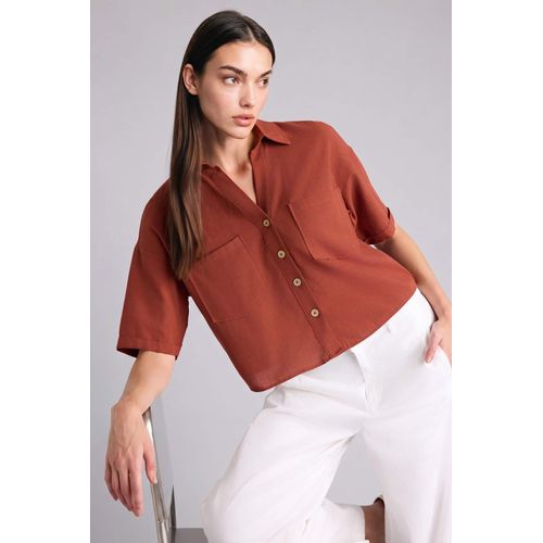 Boxy Fit Shirt Collar Linen Blended Short Sleeve Shirt