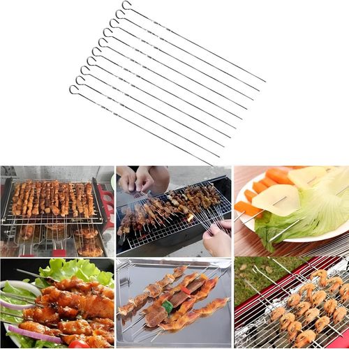 Stainless Steel Skewers - Elevate your BBQ Experience with these Flat Skewers, Perfect for Shish, Kebab, Chicken, Shrimp, Vegetables, Available in a Convenient Pack of 10 for Cooking VL