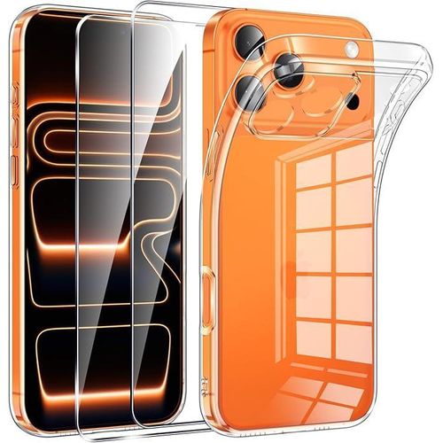 Mobile Phone Case for Phone 17 Pro Max Case with 2 Pieces Tempered Glass Film, Thin Soft TPU Silicone Transparent Shockproof Protective Case for Phone 17 Pro Max Case Clear Scratch-Resistant