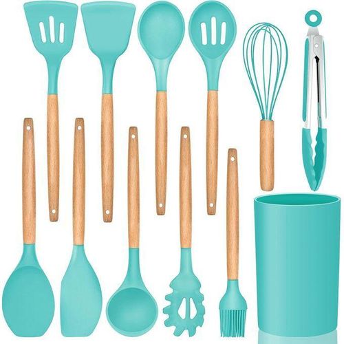 Chef Burak 12-Piece Silicone Kitchen Utensil Set with Holder – Heat Resistant Wooden Handle Cooking Tools for Mixing, Serving, Frying and Non-Stick Cookware