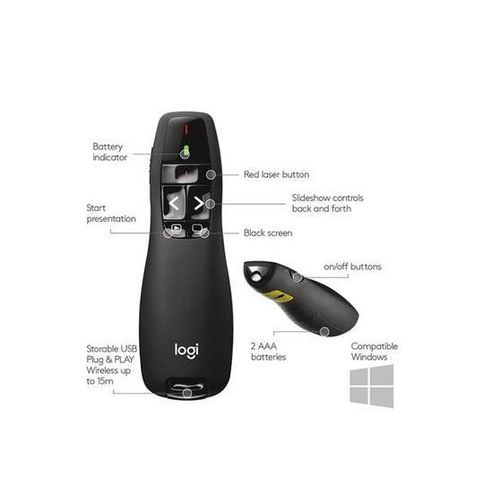R400 Wireless Presentation Remote 24 GHz frequency USB receiver red laser pointer 15-meter range 6 buttons and easy control