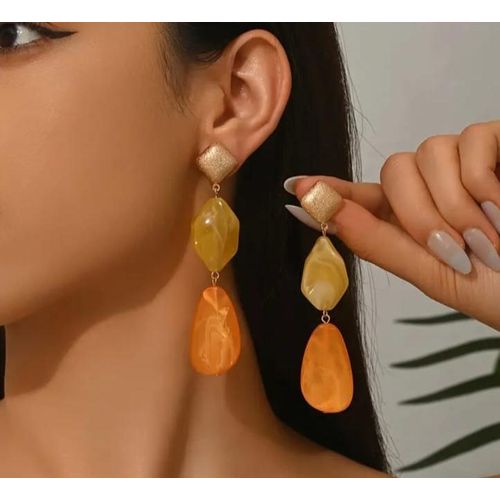Statement Boho-Chic Tiered Drop Earrings with Marbled Gold and Orange Accents