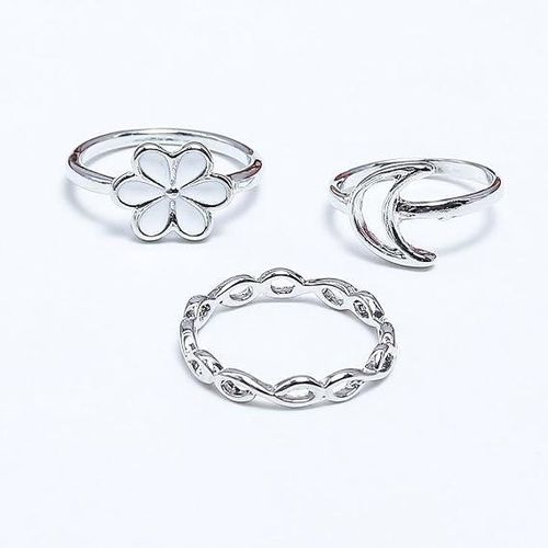 Womens Silver Ring 3 Piece Set - 04 - Crescent and Rose