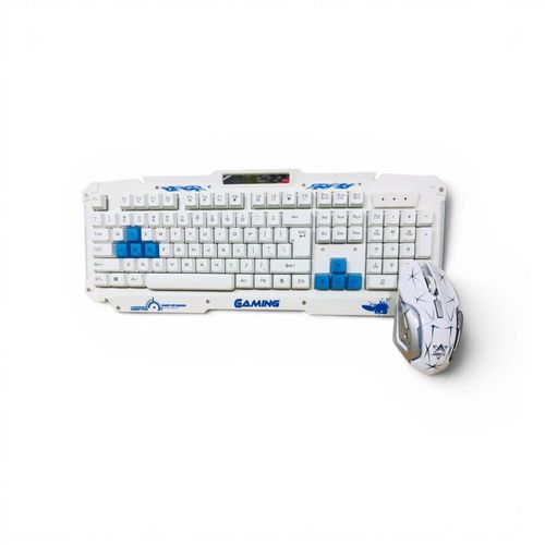 Wireless Gaming Keyboard and Mouse Combo, White, Arabic and English, Wireless with USB Receiver, Blue Keys, Gaming Design, Supports Arabic Language, Mouse Included