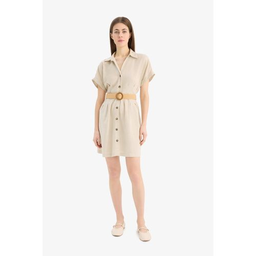 Shirt Collar Belted Linen Blend Short Sleeve Mini Dress
