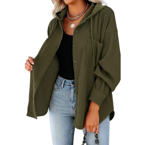 Women’s ribbed cardigan with hood, olive color, plus size fits up to 90 kg