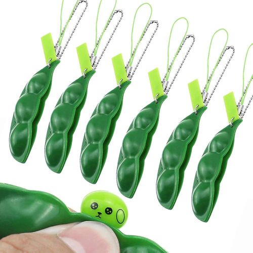 Pack of 6 Squeeze Toys Squeeze-a-Bean Press a Bean Bean Pendant Soybean Key Ring Pendant Mobile Phone Chain Peas Reduces Anxiety and Stress
