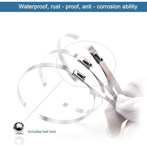 100PCS 4.6 * 300mm Premium Stainless Steel Cable Ties, SS304 Stainless Steel Zip Ties, Metal Cable Ties, Exhaust Wrap Coated Locking Cable Zip Ties, 316 Marine Grade Metal Tie Wraps