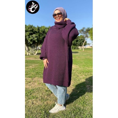 Women's Oversize Winter Knitted Pullover High Neck Cotton Wool Casual Hijab Pullover - Purple