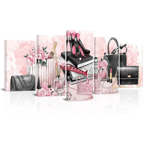Kalormore 5 Pieces Pink Fashion Accessories for Woman Picture Poster High Heel Shoes Pearl Crown Handbag Perfume Canvas Prints Artwork for Girl Bedroom Makeup Room Wall Decoration