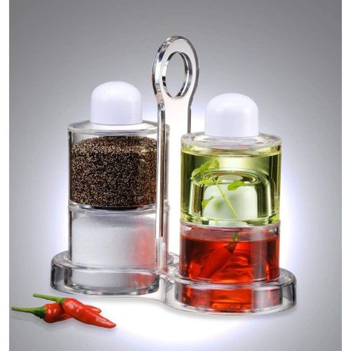 4-Piece Clear Acrylic Spice and Condiment Set with Stand, Oil, Vinegar, Sauce, Salt and Pepper Dispensers, Reusable Kitchen Organizer for Dining Table