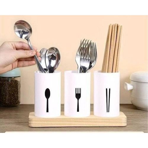 Minimalist 3-Piece Cutlery Organizer Set with Natural Wooden Base
