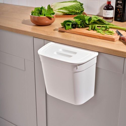Hanging Kitchen Dustbin Bucket with Lid, 7 Liter Capacity, Space-Saving Waste Bin for Cabinet Doors, Compact Garbage Container,27.8 x 17.8 x 23.3 cm. (White)