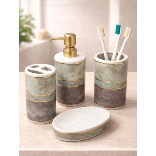 Luxury Marble Ceramic Bathroom Accessories Set 4 Pieces with Gold Accents