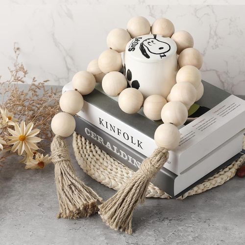 Decor Large Wooden Bead Garland, 50 Long with 1.6 Diameter Beads, Natural Wood & Jute, Round Shape, Wood Color
