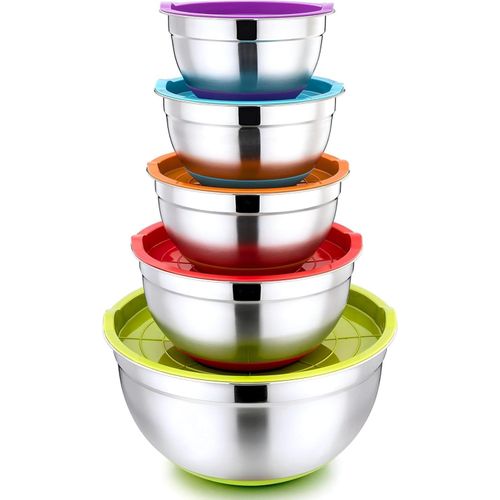 مستلزمات المطبخ - طقم خلط جامبو مكون من 5 قطع بميزات بناء من الفولاذ المقاوم للصدأ الأصلي وأغطية ملونة آمن للاستخدام في غسالة الصحون ويدوم طويلا