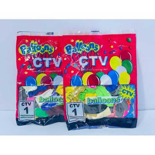 A bag of 100 balloons in assorted colors featuring various printed designs.
