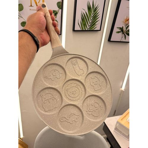 7-Mold Nonstick Pancake & Egg Pan, Granite Coating Multi-functional Burger Omelet Frying Pan with Wood Effect Handle