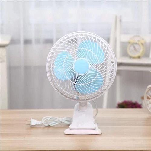 Electric clip-on desk fan.Compact clip-on fan for countertops, work desks, and kitchen cabinets. Ideal for personal cooling in bedrooms and playrooms. Strong hold on glass or wooden surfaces for daily