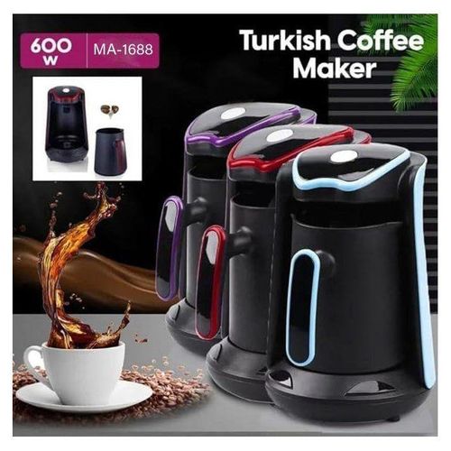 Turkish Coffee Maker 600W – 4 Cup Electric Coffee Machine with Anti-Overflow Sensor & Safety System, Ideal for Home, Travel & Office – MA-1688 (Black/Light Blue)