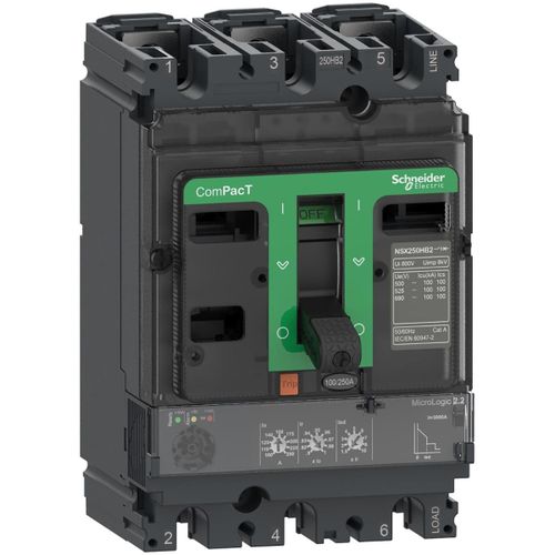 قاطع الدائرة Schneider Electric Compact NSX250N، بسعة 50 كيلو أمبير عند 415 فولت تيار متغير، وحدة فصل Micrologic 2.2، 160 أمبير، 3 أقطاب، ثلاثي الأبعاد