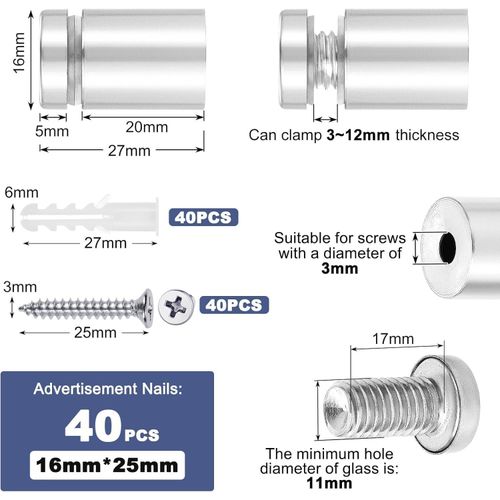 40 Pieces Stainless Steel Wall Mounting Screws, Glass Holders for Fixing Signs and Photos, Silver, 16x25mm
