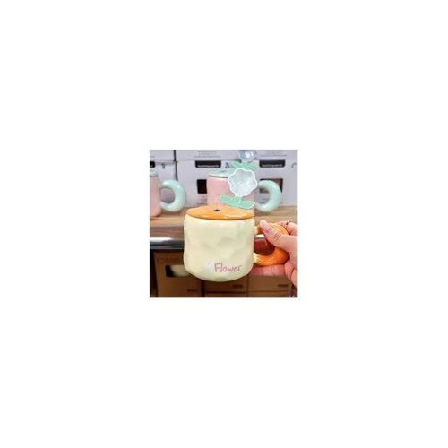 Stylish ceramic mug with flower-shaped spoon and cute lid - Modern design - Nescafe/Tea cup - Pink