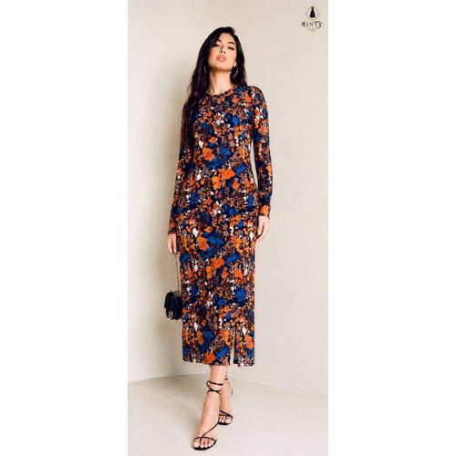 A long-sleeved, straight-cut midi dress made from soft viscose, featuring a vibrant floral pattern